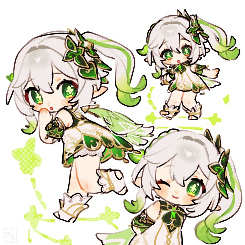 1girl, :o, ;), bloomers, blush_stickers, boots, chibi, chibi_only, closed_mouth, commentary_request, detached_sleeves, dress, full_body, genshin_impact, green_eyes, green_hair, green_sleeves, grey_hair, hand_up, highres, long_hair, looking_at_viewer, multicolored_hair, nahida_(genshin_impact), one_eye_closed, oooma_155, open_mouth, pointy_ears, short_sleeves, side_ponytail, simple_background, sleeveless, sleeveless_dress, smile, standing, standing_on_one_leg, stirrup_footwear, two-tone_hair, underwear, white_background, white_bloomers, white_boots, white_dress