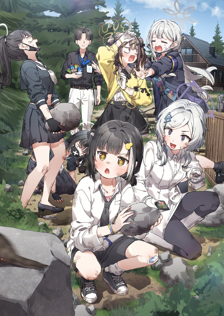 +_+, 1boy, 6+girls, absurdres, arm_up, armband, bandaid, bandaid_on_knee