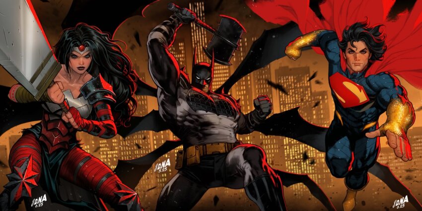 1girl, 2boys, absolute_batman, absolute_dc, absolute_superman, absolute_wonder_woman, amazon_warrior, arm_wrap, back_spikes, bat_mask, batman, batman_(absolute_dc), batman_symbol, belt, bodysuit, david_nakayama, dc_comics, grey_bodysuit, highres, huge_weapon, lifting_object, multiple_boys, muscular, muscular_male, superhero_costume, superman, superman_(absolute_dc), superman_logo, tattoo, tattoo_sleeve, taut_bodysuit, utility_belt, weapon, wonder_woman, wonder_woman_(absolute_dc)