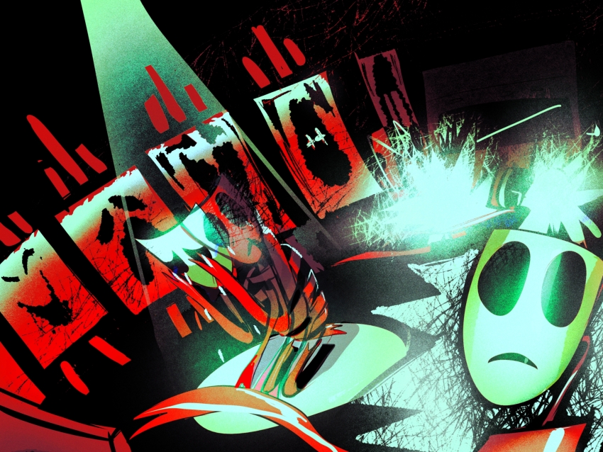 1girl, commentary, crying, easel, english_commentary, frown, gangle_(the_amazing_digital_circus), highres, mask, red_ribbon, ribbon, sitting, spotlight, tears, the_amazing_digital_circus, thewitchofart