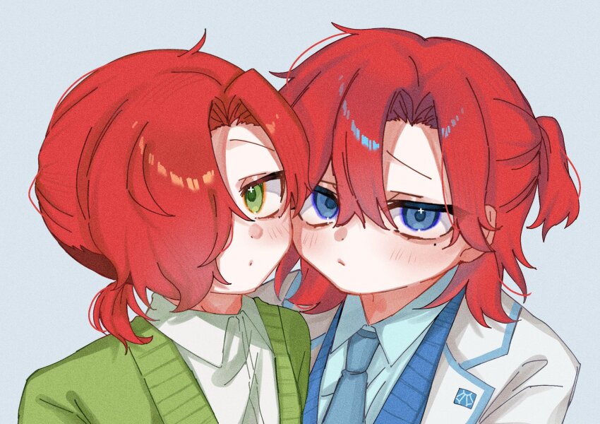 2boys, blue_cardigan, blue_eyes, blue_necktie, blue_shirt, blush, cardigan, cheek-to-cheek, closed_mouth, collared_shirt, commentary_request, derivative_work, dot_mouth, dress_shirt, dual_persona, green_cardigan, green_eyes, grey_background, hair_over_one_eye, half_updo, heads_together, highres, hyoutenka_30-do_no_zetsubou, jacket, lapels, looking_at_viewer, mole, mole_under_eye, multiple_boys, necktie, one_eye_covered, oshi_no_taisetsuna_hito_ni_narikawaru, ponytail, portrait, raised_inner_eyebrows, shirt, simple_background, sparkling_eyes, su_(user_vrvx3458), tonimura_yui, white_jacket