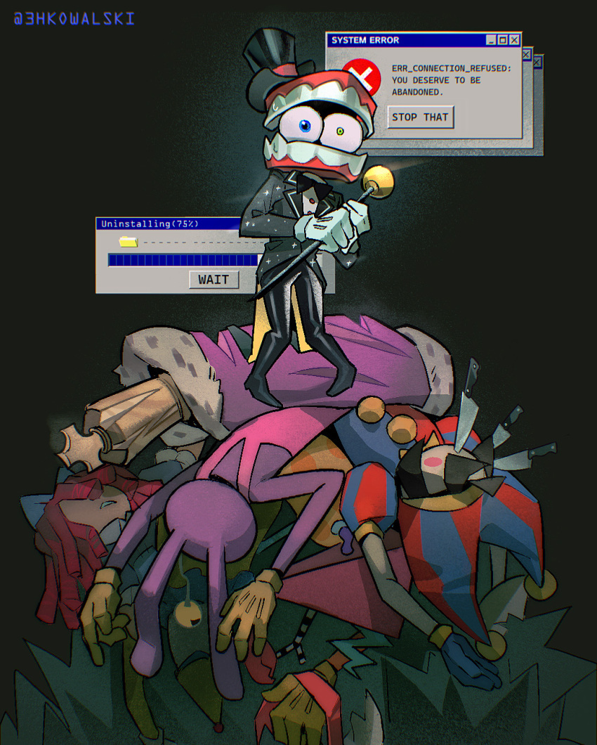 2girls, 3hkowalski, 4boys, animal_ears, artist_name, black_bow, black_bowtie, black_coat, black_hair, black_hat, blue_eyes, bow, bowtie, caine_(the_amazing_digital_circus), cane, coat, commentary, english_commentary, english_text, gloves, green_eyes, hat, heterochromia, highres, holding, holding_cane, jax_(the_amazing_digital_circus), kaufmo_(the_amazing_digital_circus), kinger_(the_amazing_digital_circus), knife, knife_in_head, multiple_boys, multiple_girls, object_through_head, overalls, pile, pink_overalls, purple_robe, rabbit_ears, ragatha_(the_amazing_digital_circus), red_hair, red_ribbon, ribbon, robe, teeth, the_amazing_digital_circus, top_hat, window_(computing), yellow_gloves, zooble_(the_amazing_digital_circus)