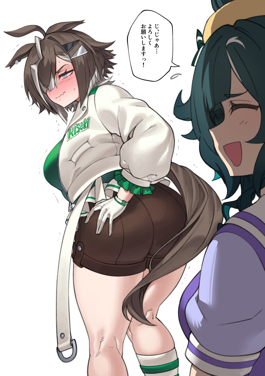 2girls, absurdres, ahoge, animal_ears, ass, asymmetrical_bangs, beret, bow