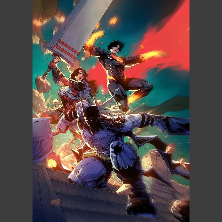 1girl, 2boys, absolute_batman, absolute_dc, absolute_superman, absolute_wonder_woman, arm_wrap, back_spikes, bat_mask, batman, batman_(absolute_dc), batman_(series), batman_symbol, belt, bodysuit, cowl, dc_comics, grey_bodysuit, huge_weapon, lifting_object, multiple_boys, superhero_costume, superman, superman_(absolute_dc), superman_logo, tattoo, tattoo_sleeve, taut_bodysuit, utility_belt, weapon, wonder_woman, wonder_woman_(absolute_dc)