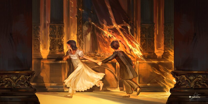 1boy, 1girl, absurdres, artist_name, black_hair, black_pants, black_shirt, burning