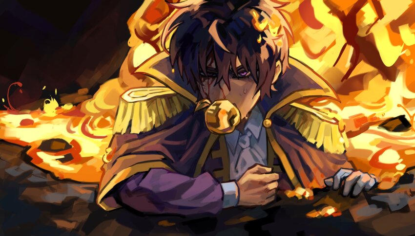 1boy, apple, black_hair, blood, blood_on_face, coat, collared_shirt, epaulettes