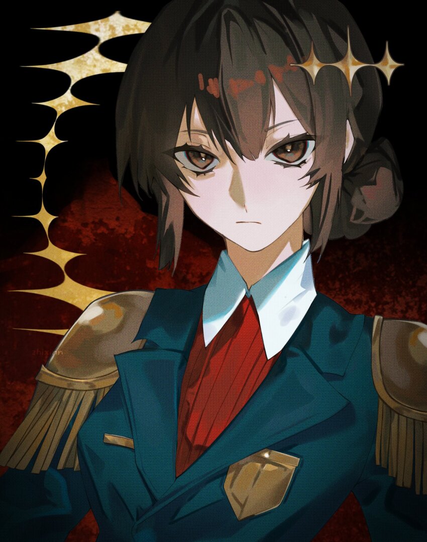 1girl, blue_jacket, brown_eyes, brown_hair, collar, collared_shirt, cynikka, epaulettes