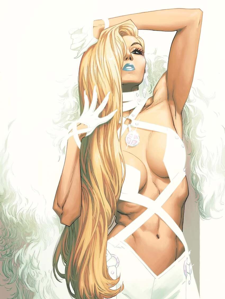 1girl, blonde_hair, blue_lips, breasts, comic_cover, corset, emma_frost, highres