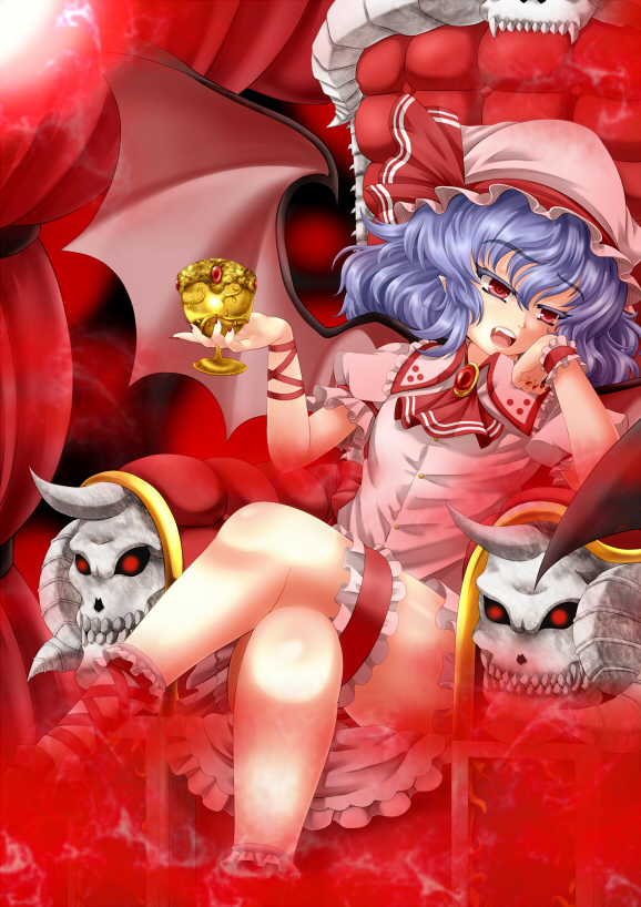 1girl, archienemy, ascot, bat_wings, blue_hair, bow, chair, chalice