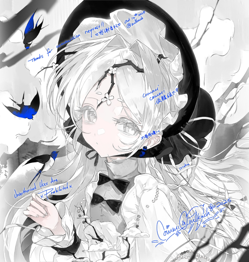 1girl, black_bow, black_bowtie, bonnet, bow, bowtie, bug, closed_mouth