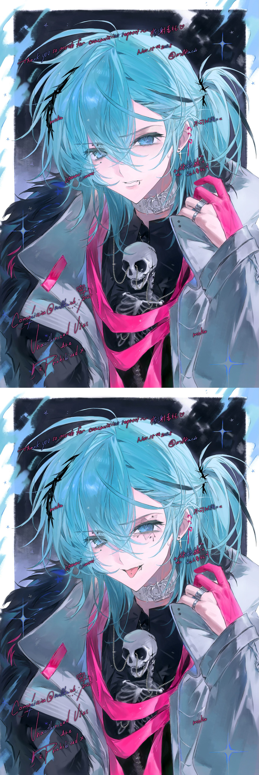 1boy, absurdres, aqua_hair, black_shirt, blue_eyes, blue_hair, choker, coat