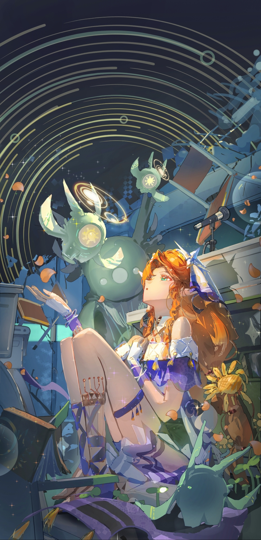 1girl, absurdres, black_shorts, braid, braided_sidelocks, chair, chinese_commentary, commentary_request, desk, fang_da_zai, fingerless_gloves, gloves, green_eyes, headscarf, highres, long_hair, looking_up, orange_hair, pointy_ears, sandals, school_chair, school_desk, shorts, sidelocks, sigrika_(wuthering_waves), soliskin_(wuthering_waves), solo, thigh_strap, wuthering_waves