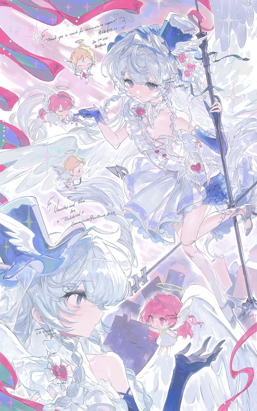 4girls, absurdres, angel, angel_wings, blonde_hair, blue_eyes, blue_gloves, braid