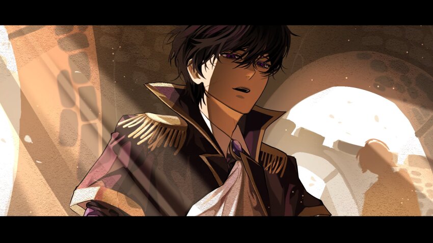 1boy, black_hair, brooch, coat, collared_shirt, commentary, english_commentary, epaulettes