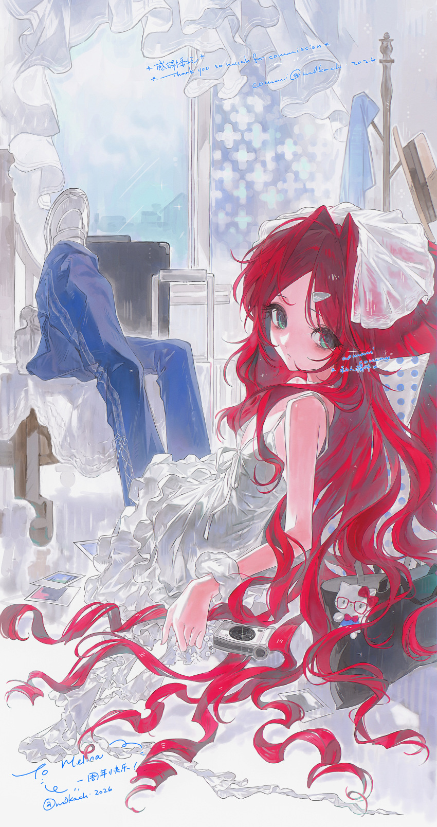 1girl, absurdres, blue_pants, closed_mouth, curtains, dated, denim, dress