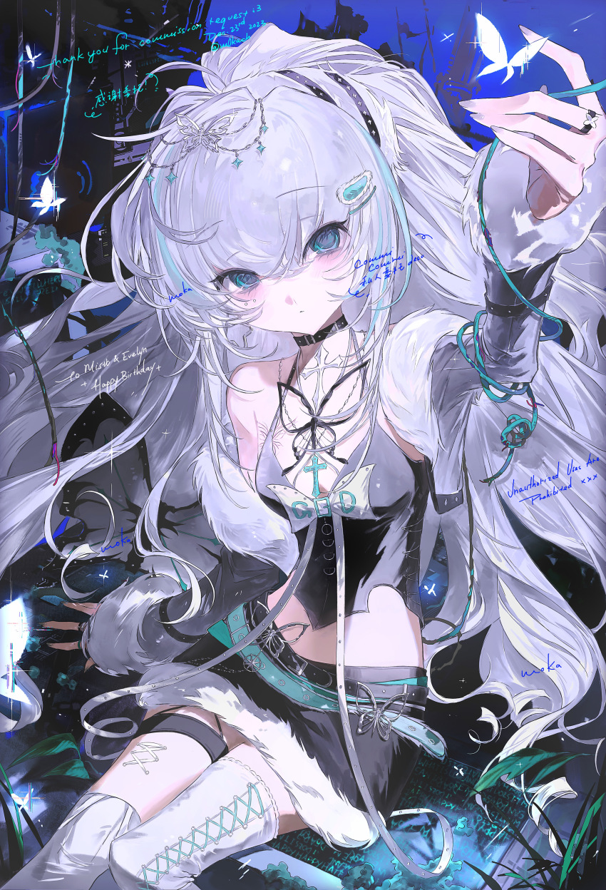 1girl, absurdres, belt, black_skirt, blue_eyes, boots, breasts, bug