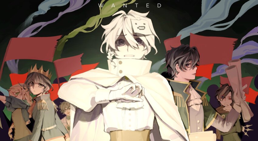 2girls, 4boys, ascot, black_hair, black_jacket, blue_eyes, blue_jacket, brown_shirt, cloak, cynikka, epaulettes, flag, fluixon, green_eyes, grey_eyes, heterochromia, highres, holding, holding_scroll, ish's_state_smp, jacket, jugve_jkm, long_hair, long_sleeves, looking_at_another, minecraft_youtube, multiple_boys, multiple_girls, orange_hair, puffy_long_sleeves, puffy_sleeves, red_eyes, saparata, scroll, shirt, short_hair, upper_body, white_cloak, white_hair, white_shirt