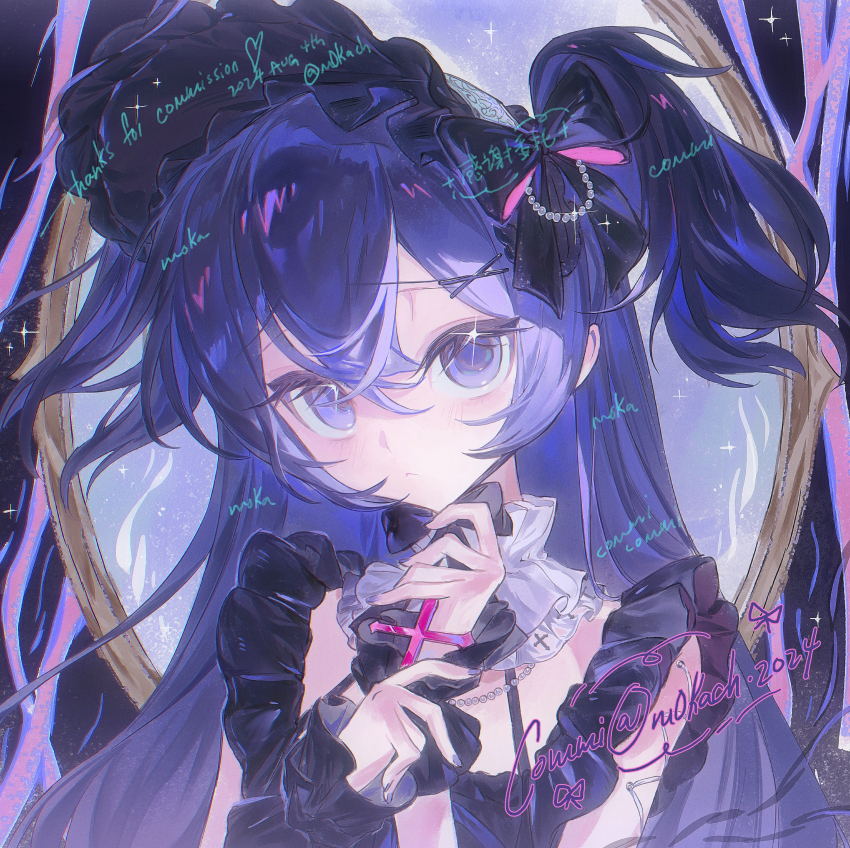 1girl, 2024, absurdres, black_bow, black_dress, black_nails, blue_eyes, blue_hair