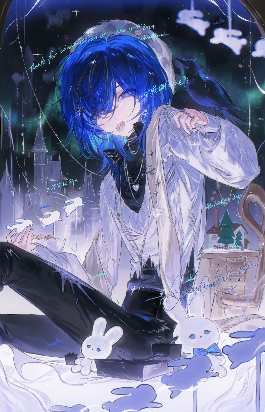 1boy, 2024, absurdres, animal, animal_on_shoulder, beret, bird, bird_on_shoulder