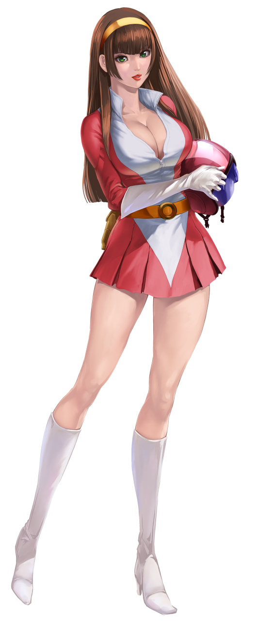 1girl, belt, boots, breasts, brown_hair, cleavage, commentary_request, dress