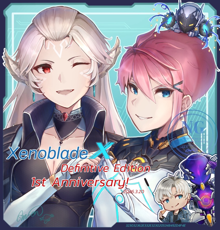 1boy, 2girls, ;d, alois_bernholt, animal_ears, anniversary, black_bodysuit, blue_background