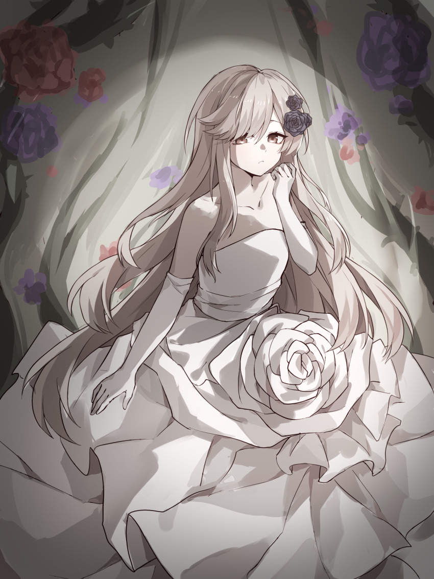 1girl, absurdres, bare_shoulders, black_eyes, black_flower, black_rose, blonde_hair, blue_flower