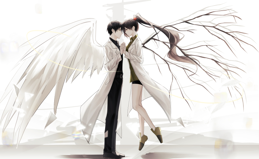1boy, 1girl, absurdres, angel_wings, ayin_(project_moon), belt, black_hair, black_pants