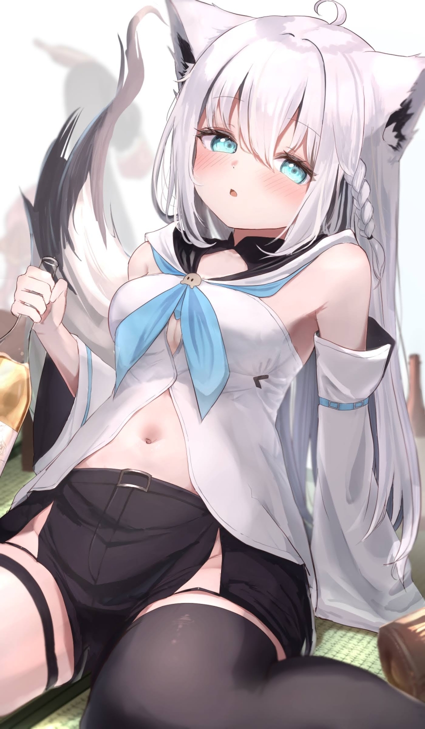 1girl, absurdres, ahoge, animal_ear_fluff, animal_ear_piercing, animal_ears, aqua_eyes, aqua_neckerchief, belt, black_belt, black_shorts, bottle, breasts, commentary_request, cup, detached_sleeves, drunk, fox_ears, fox_girl, fox_tail, grey_hair, highres, holding, holding_bottle, hololive, long_hair, long_sleeves, medium_breasts, navel, neckerchief, nekono_rion, open_mouth, shirakami_fubuki, shirakami_fubuki_(1st_costume), short_shorts, shorts, sideboob, single_thighhigh, sitting, solo, speech_bubble, stomach, tail, thick_thighs, thigh_strap, thighhighs, thighs, very_long_hair, virtual_youtuber, wariza, white_hair, wine_bottle