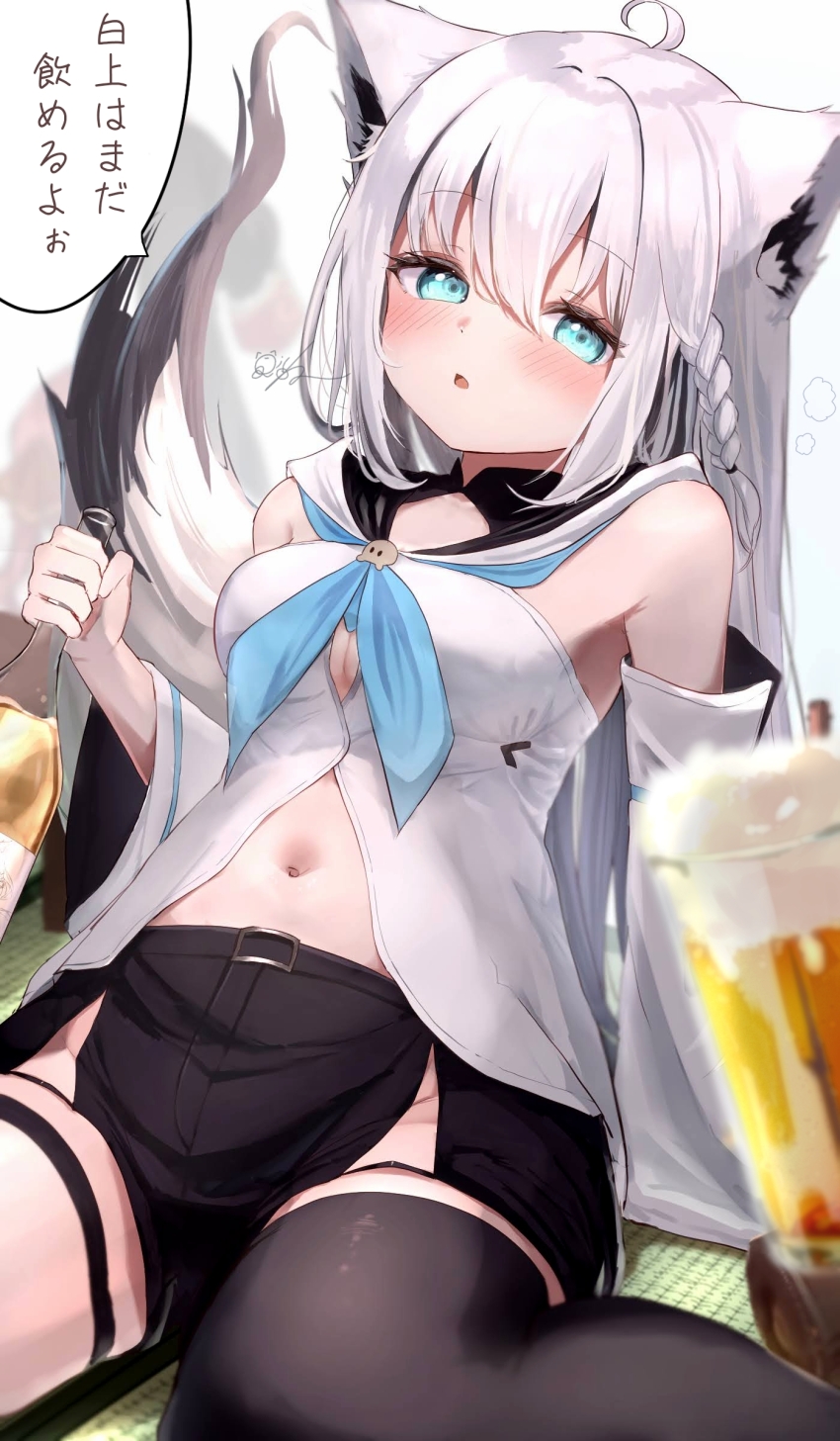 1girl, absurdres, ahoge, animal_ear_fluff, animal_ear_piercing, animal_ears, aqua_eyes, aqua_neckerchief