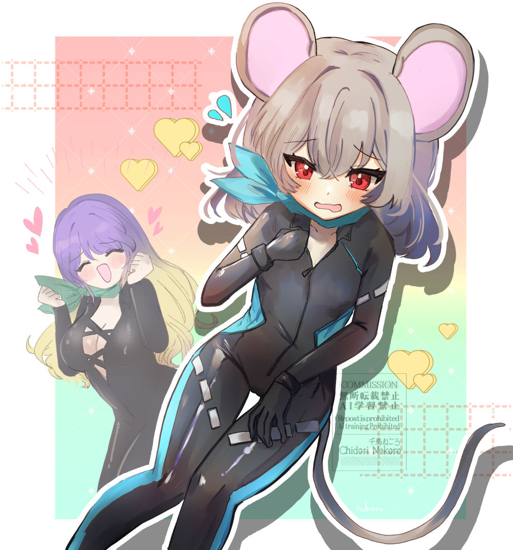 2girls, alternate_costume, animal_ears, biker_clothes, bikesuit, black_bodysuit, black_gloves, blonde_hair
