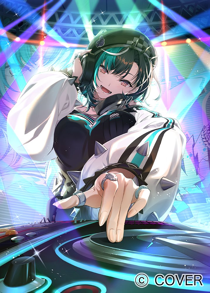 :d, aqua_hair, beret, black_choker, black_hair, black_hat, black_shirt, breasts