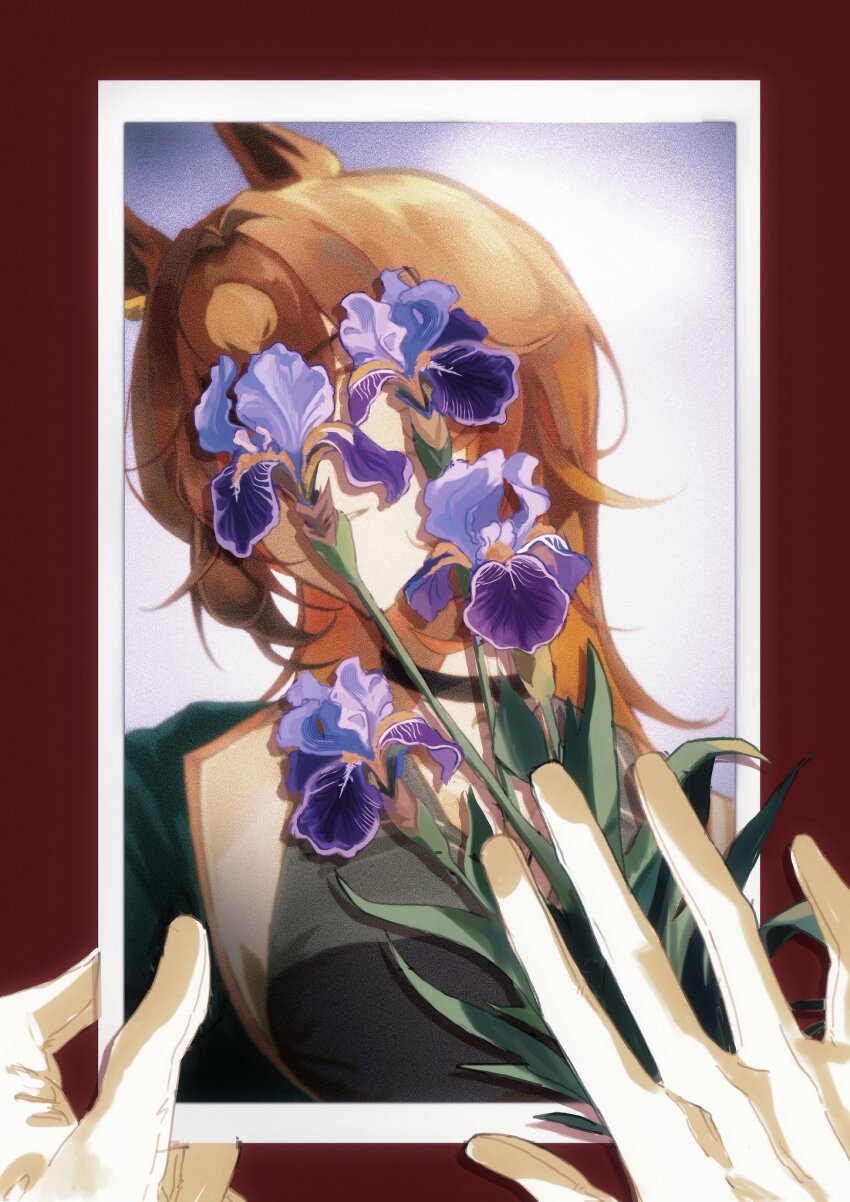 1girl, animal_ears, black_choker, brown_hair, choker, commentary, flower, gloves