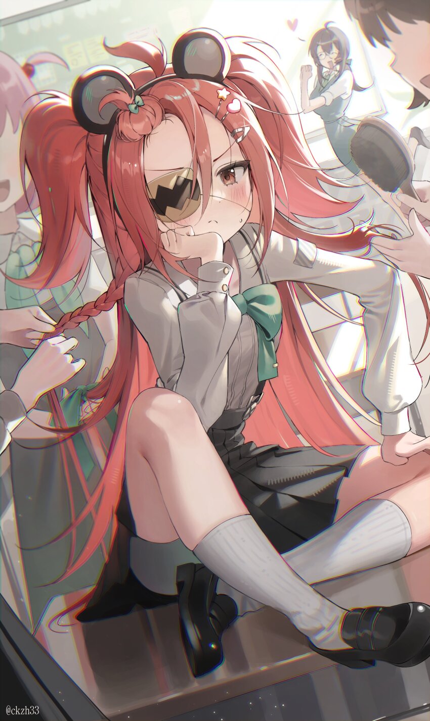 4girls, absurdres, ahoge, animal_ears, bear_ears, black_shoes, black_skirt, blush