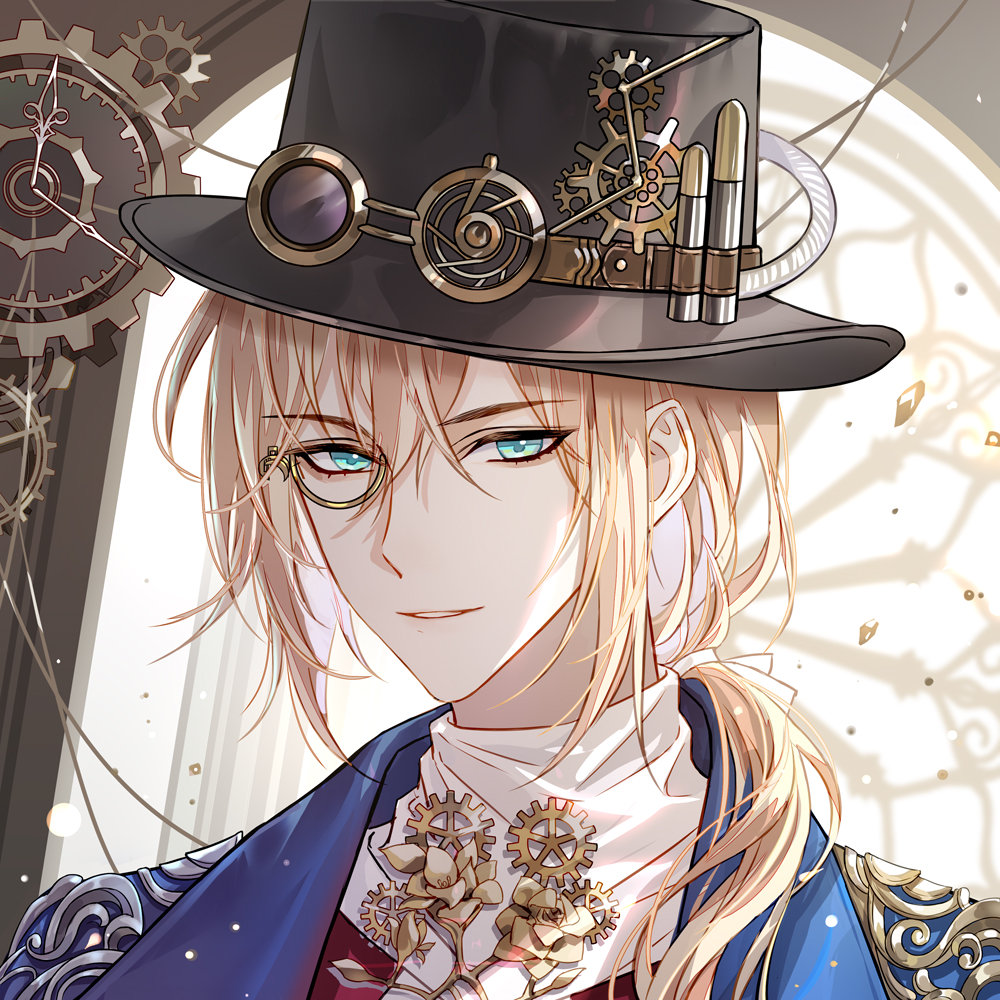 1boy, alkaid_mcgrath, alkaid_mcgrath_(mist_city), anzhazha_de_yidong_chengbao, ascot, black_hat, blonde_hair, blue_jacket