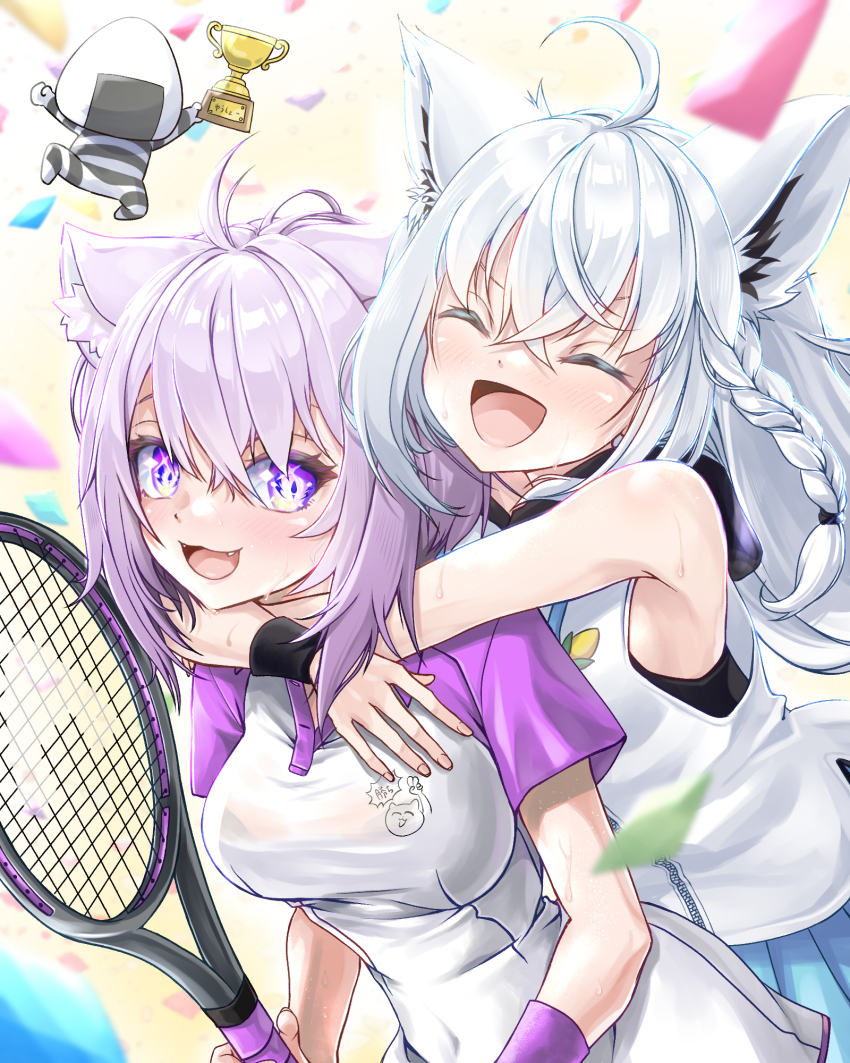 2girls, ahoge, animal_ear_fluff, animal_ears, blush, braid, breasts, cat_ears