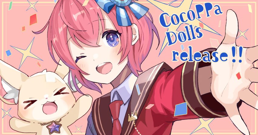 1girl, ;d, ahoge, black_sailor_collar, blue_bow, blue_eyes, blush, bow