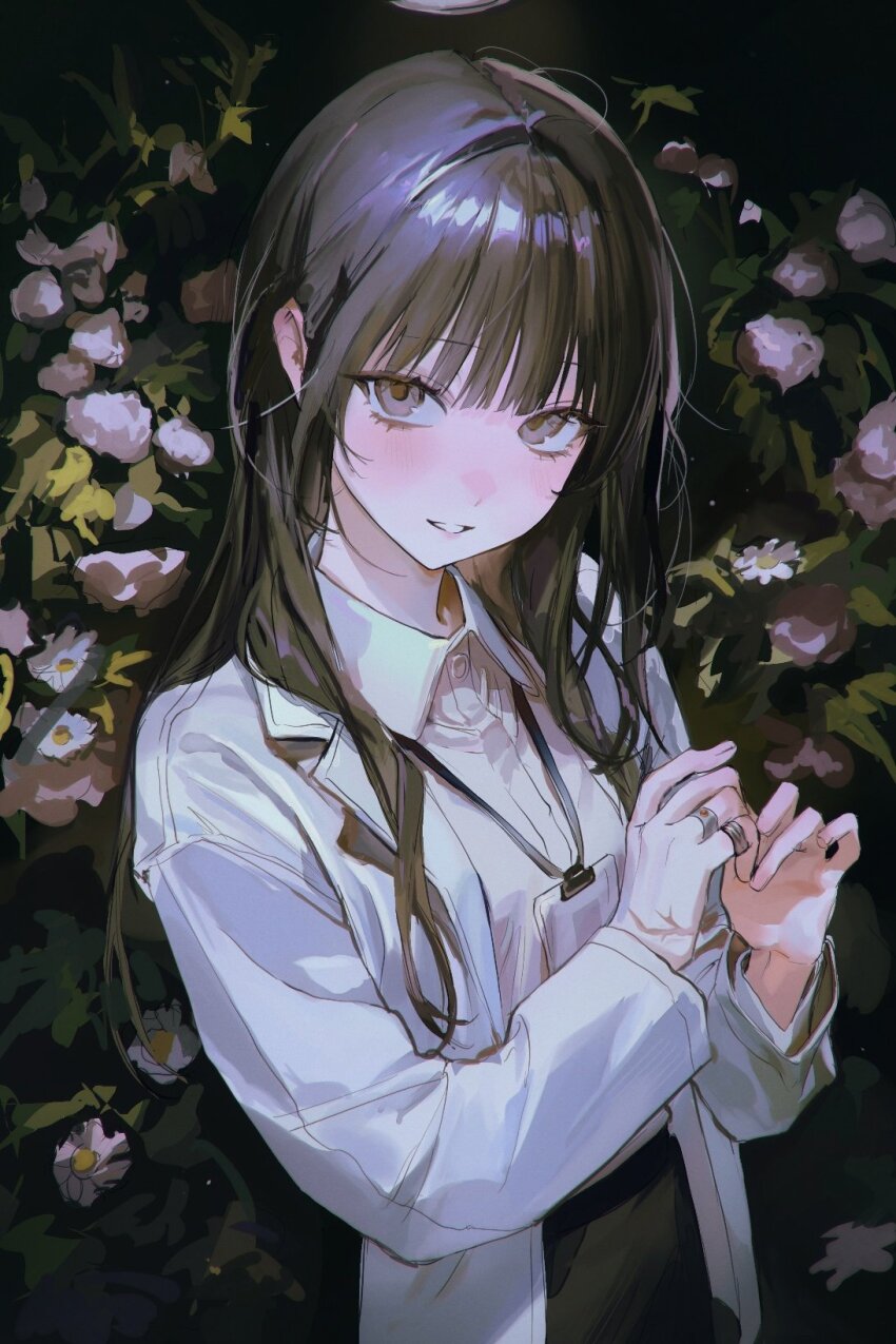 1girl, black_hair, commentary, dress_shirt, flower, grey_eyes, hhuu1332, highres