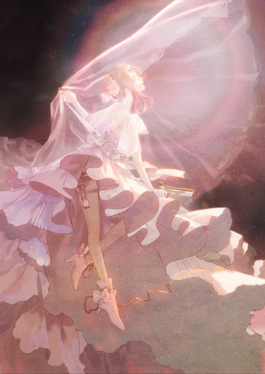 1girl, absurdres, ankle_boots, ankle_ribbon, antique_firearm, back_bow, backless_dress, backless_outfit