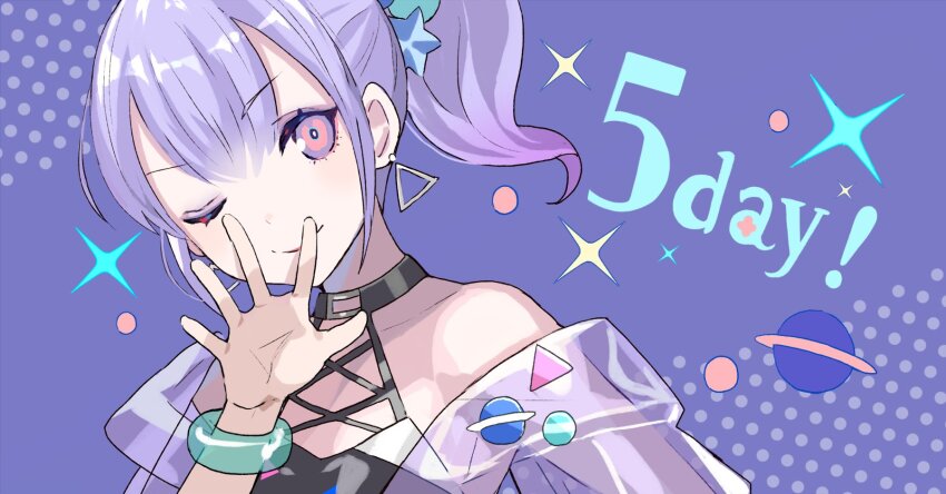 1girl, ;), badge, bangle, bare_shoulders, ben-day_dots, black_shirt, bracelet, breasts, button_badge, center-flap_bangs, closed_mouth, cocoppa_dolls, colored_tips, commentary_request, countdown, countdown_illustration, earrings, estel_(cocoppa_dolls), eyeshadow, hair_ornament, halter_shirt, halterneck, hand_up, highres, jacket, jewelry, looking_at_viewer, makeup, multicolored_eyes, multicolored_hair, off_shoulder, official_art, one_eye_closed, open_hand, pink_eyes, planet, ponytail, portrait, purple_background, purple_eyes, purple_eyeshadow, purple_jacket, screentones, second-party_source, see-through_clothes, see-through_jacket, shirt, short_ponytail, small_breasts, smile, solo, sparkle, star_(symbol), star_hair_ornament, tobi_(kotetsu), triangle_earrings, two-tone_eyes