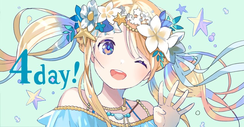 1girl, ;d, air_bubble, bare_shoulders, bead_necklace, beads, blonde_hair, blue_dress