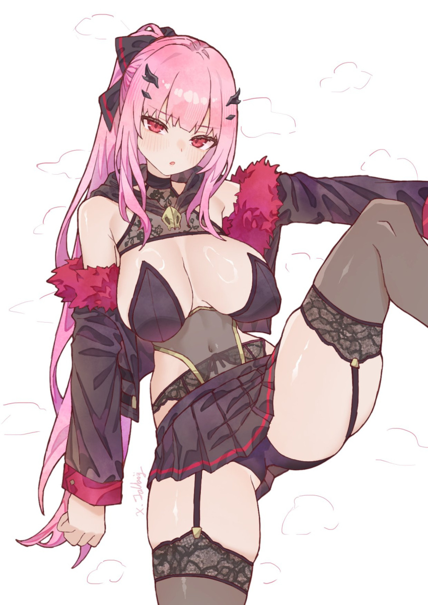 1girl, bare_shoulders, black_garter_belt, black_jacket, black_ribbon, black_shorts, black_skirt, black_thighhighs