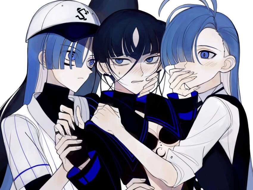 3girls, ado_(utaite), baseball_bat, black_gloves, black_shirt, black_vest, blue_eyes, blue_hair
