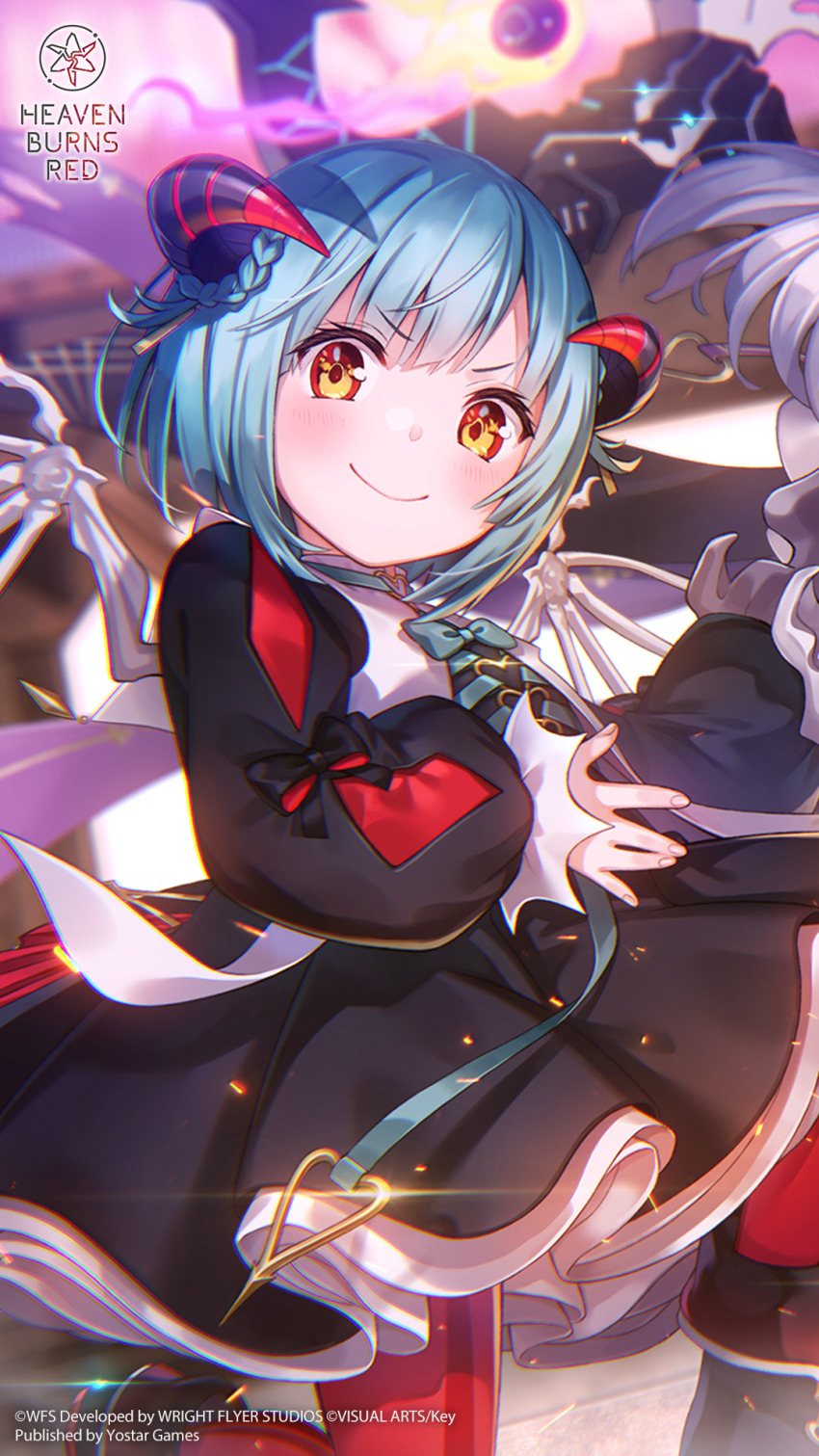 >:), 1girl, \||/, aqua_bow, aqua_bowtie, black_boots, black_bow, black_dress, black_horns, blue_hair, blunt_bangs, blurry, blurry_background, blush, bob_cut, boots, bow, bowtie, braid, bungo_yayoi, bungo_yayoi_(march_demon_army_snip!), buttons, cape, closed_mouth, copyright_name, copyright_notice, demon_girl, demon_horns, doyagao, dress, eyelashes, foot_out_of_frame, glint, hands_up, heart_button, heaven_burns_red, highres, horn_with_braided_base, horns, indoors, light_particles, long_sleeves, looking_at_viewer, medium_hair, official_alternate_costume, official_alternate_hairstyle, official_art, official_wallpaper, on_one_knee, pantyhose, pleated_dress, puffy_long_sleeves, puffy_sleeves, red_pantyhose, skeletal_wings, sleeve_bow, smile, smug, solo, tareme, v-shaped_eyebrows, wings, yellow_eyes