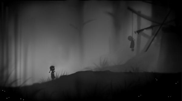 1girl, braid, bush, corpse, dark, female_focus, forest, glowing, glowing_eyes, grass, greyscale, hanged, limbo_(game), madotsuki, monochrome, nature, parody, silhouette, solo, style_parody, tnka452, twin_braids, yume_nikki