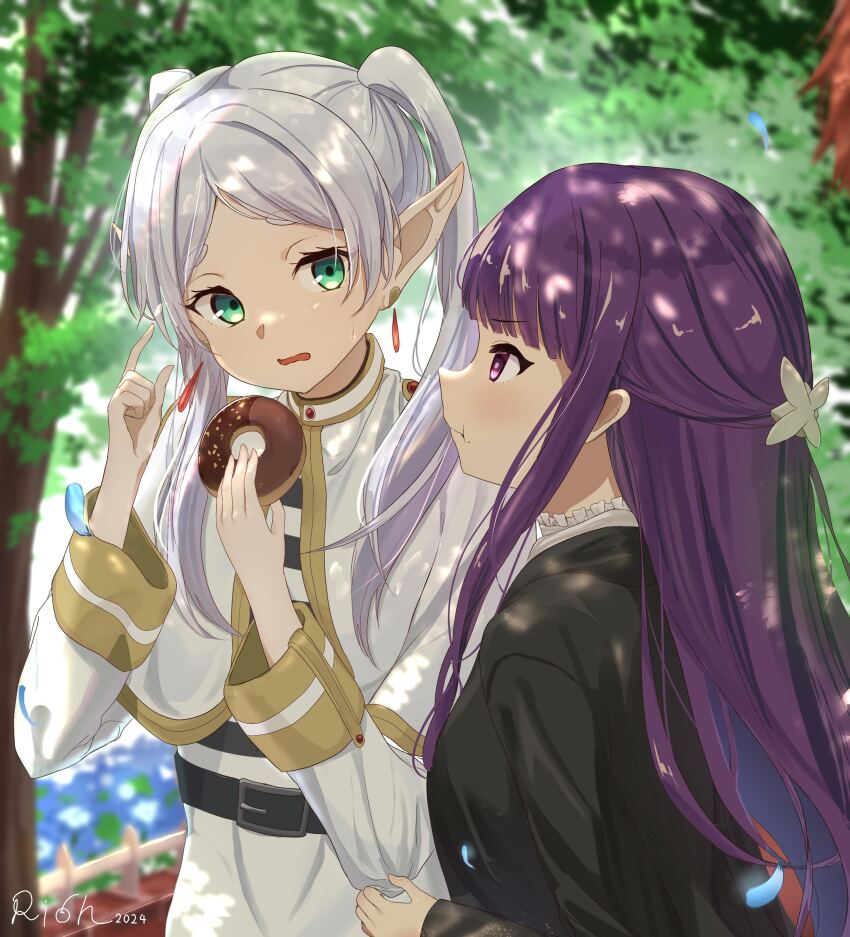 2girls, absurdres, belt, black_robe, black_shirt, breasts, buttons, capelet