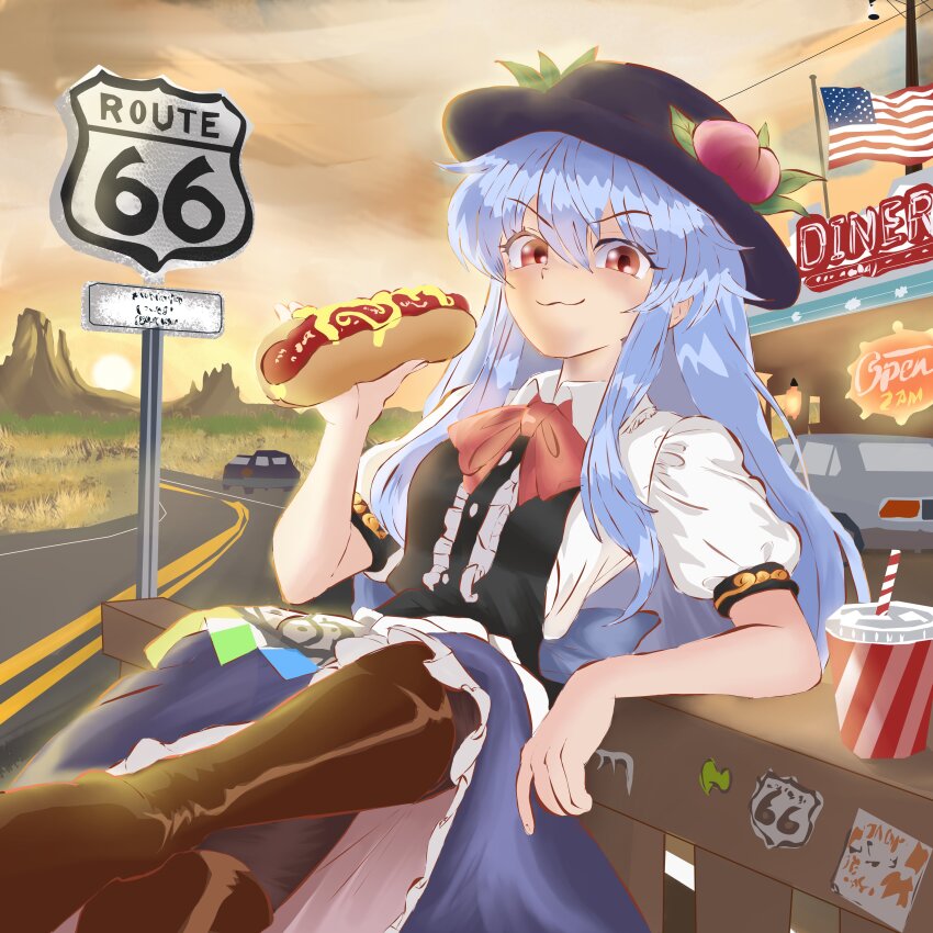 1girl, :3, absurdres, american_flag, arm_rest, black_hat, black_pantyhose, blue_hair