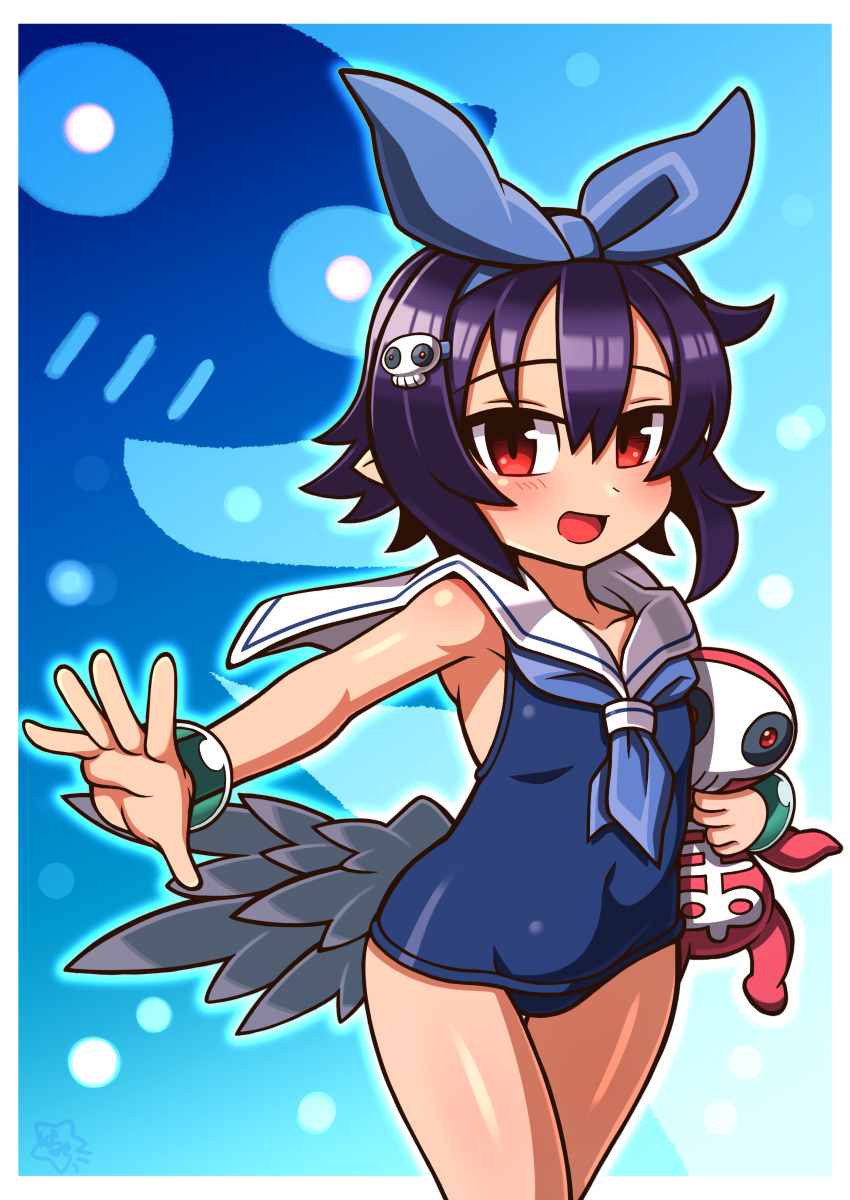 1girl, absurdres, artist_logo, bangle, black_wings, blue_bow, blue_hair, blue_hairband