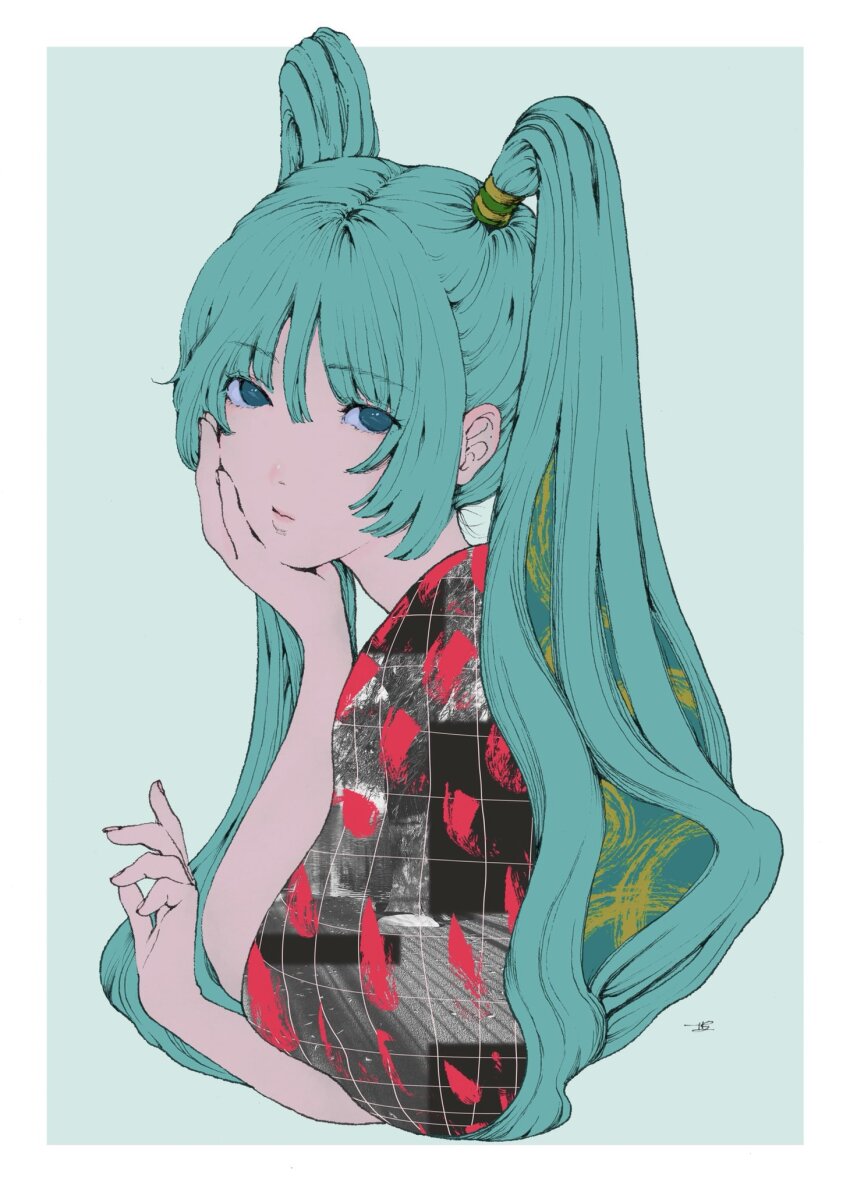 1girl, aqua_background, aqua_hair, blue_eyes, border, closed_mouth, commentary, hair_between_eyes