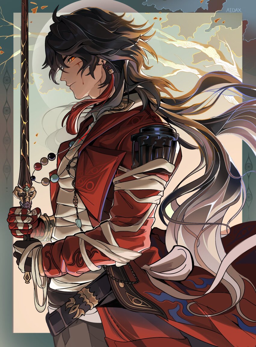 1boy, absurdres, adxrn, ahoge, bandages, beads, belt, black_hair