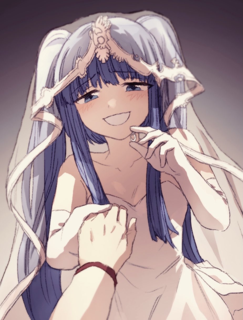 1girl, 1other, blue_eyes, blue_hair, bridal_veil, dawn_of_the_golden_witch, dress, furudo_erika